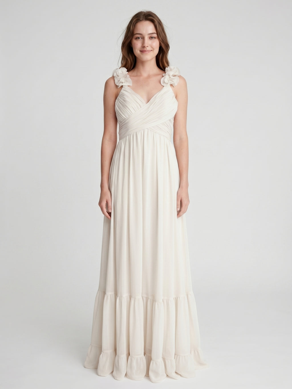 Ivory Chiffon A-Line V-Neck Back Zip Floor-Length Bridesmaid Dress with Pleated Finish