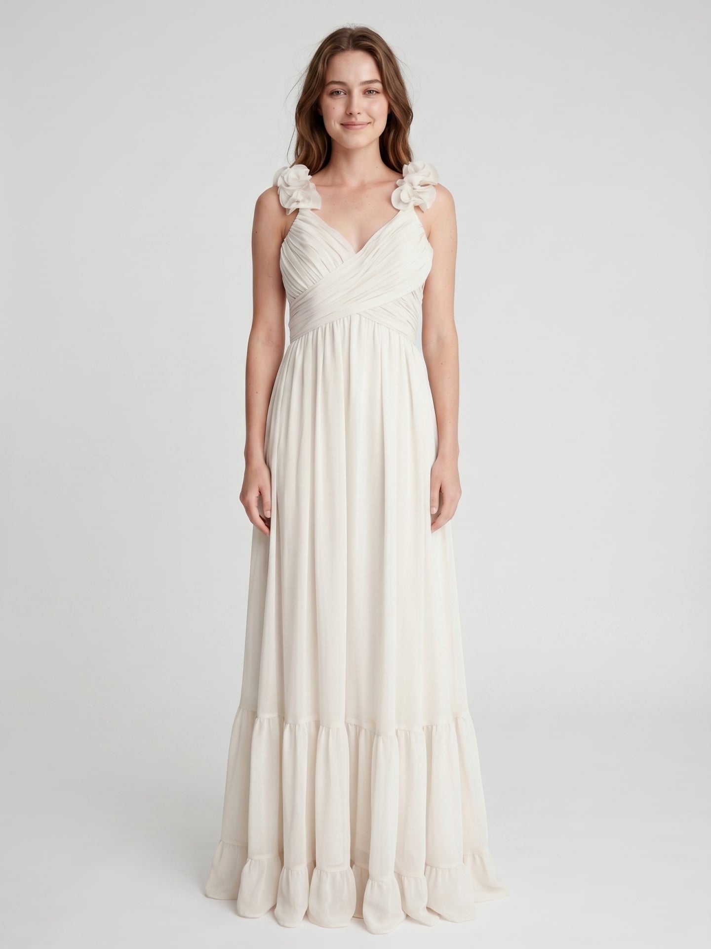 Ivory Chiffon A-Line V-Neck Back Zip Floor-Length Bridesmaid Dress with Pleated Finish