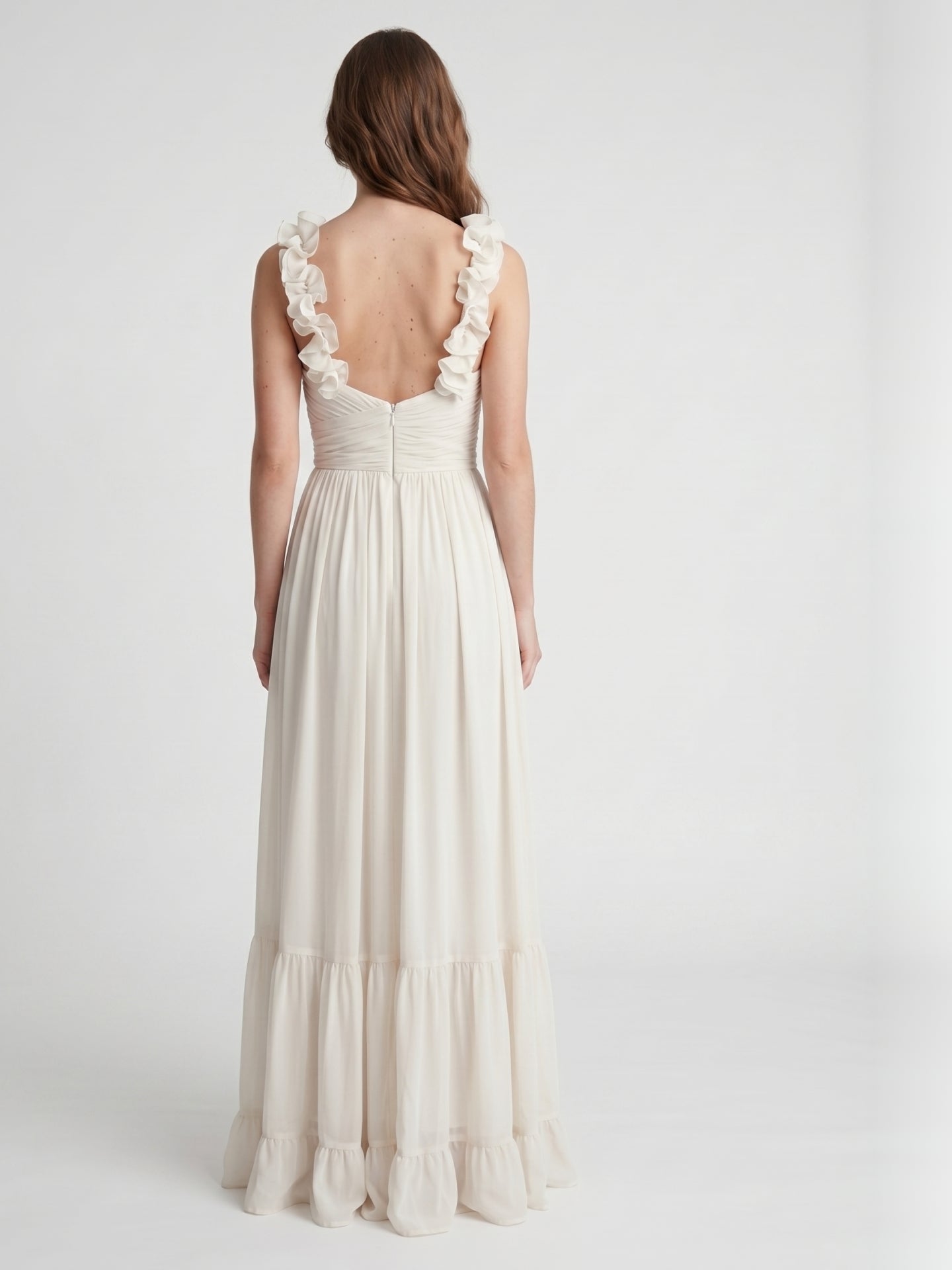Ivory Chiffon A-Line V-Neck Back Zip Floor-Length Bridesmaid Dress with Pleated Finish