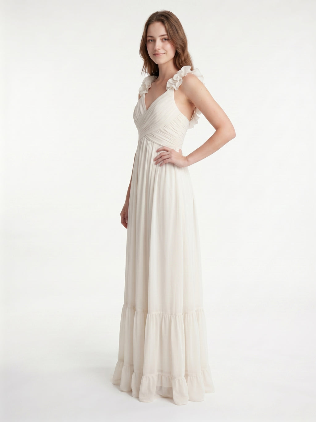 Ivory Chiffon A-Line V-Neck Back Zip Floor-Length Bridesmaid Dress with Pleated Finish