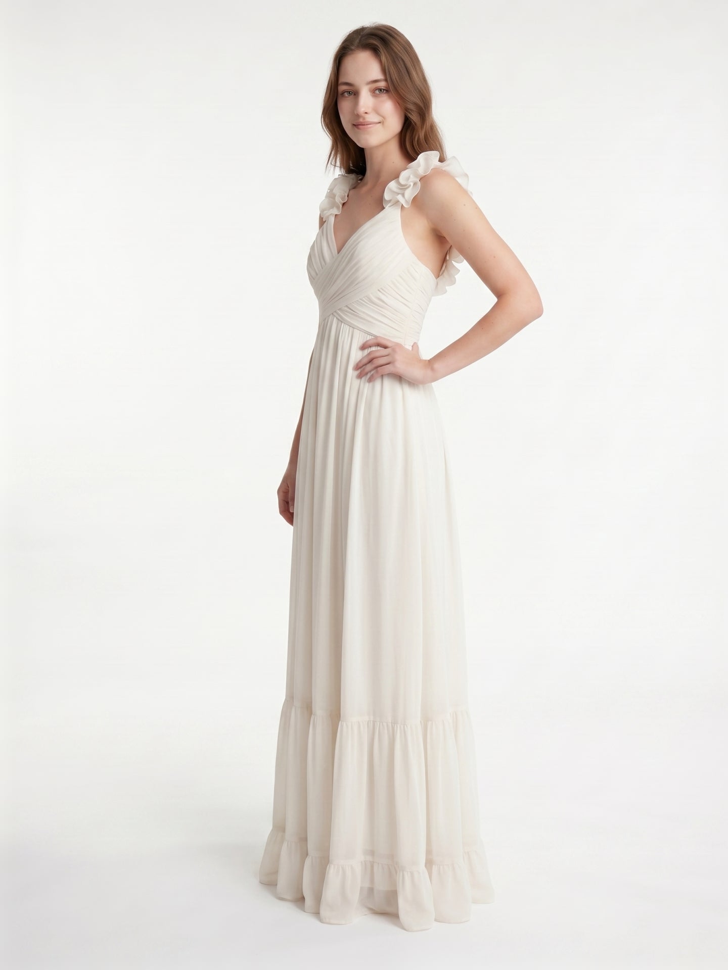 Ivory Chiffon A-Line V-Neck Back Zip Floor-Length Bridesmaid Dress with Pleated Finish
