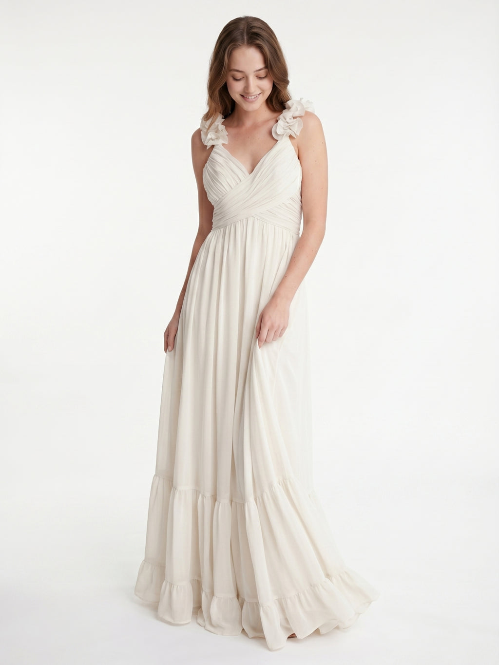 Ivory Chiffon A-Line V-Neck Back Zip Floor-Length Bridesmaid Dress with Pleated Finish