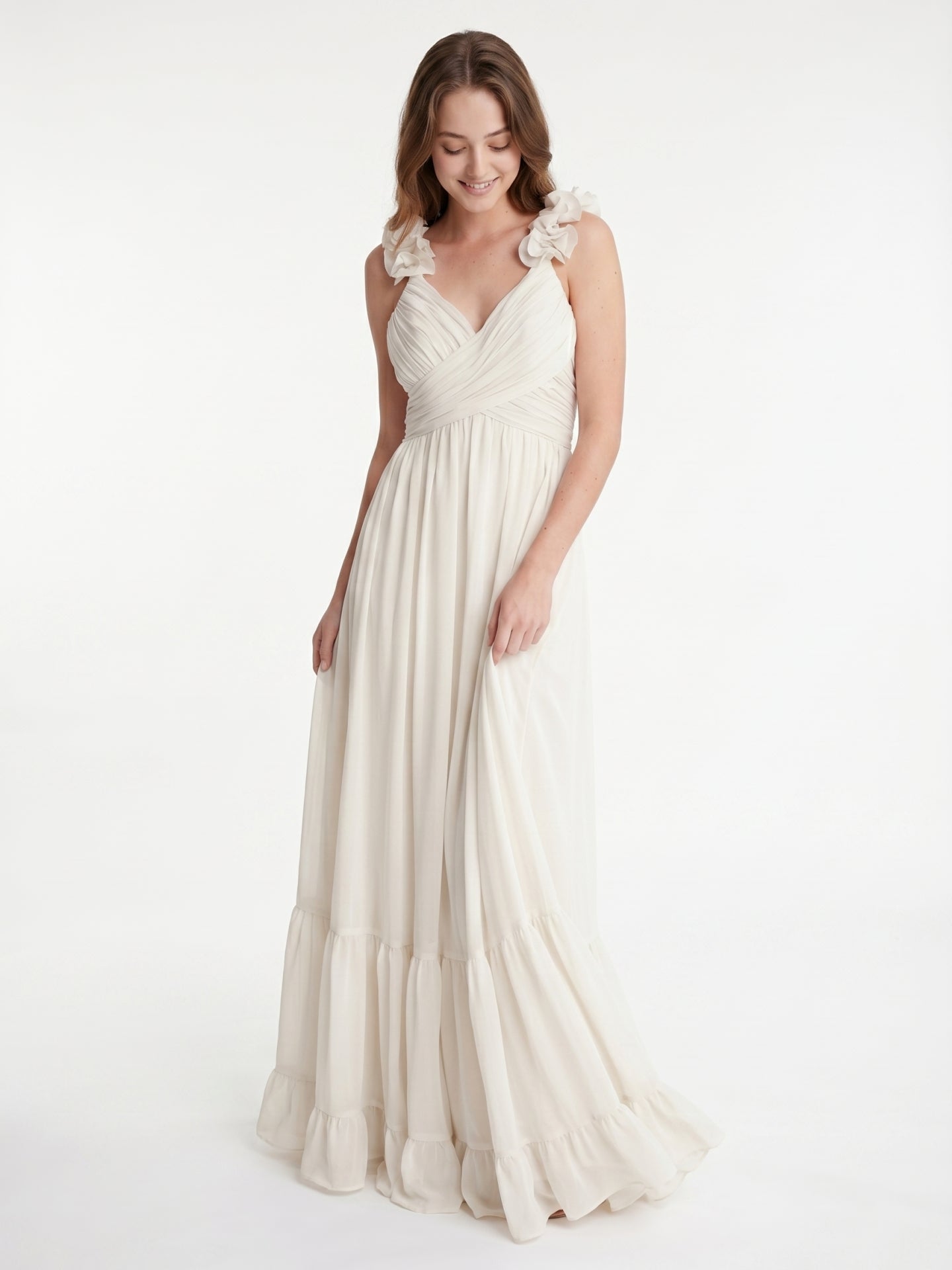 Ivory Chiffon A-Line V-Neck Back Zip Floor-Length Bridesmaid Dress with Pleated Finish