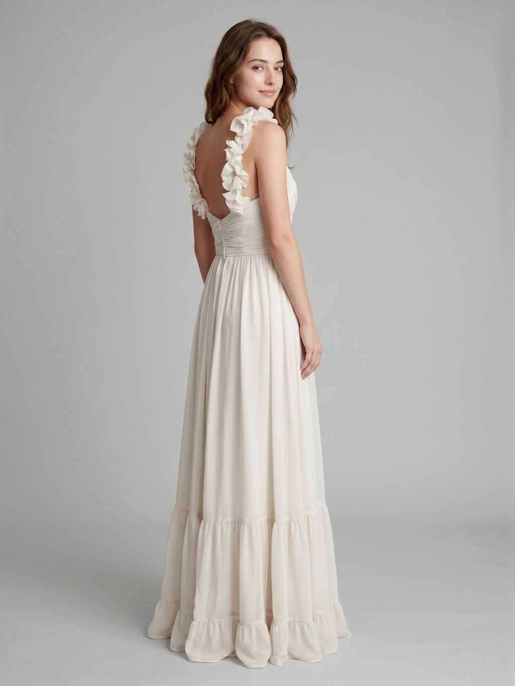 Ivory Chiffon A-Line V-Neck Back Zip Floor-Length Bridesmaid Dress with Pleated Finish