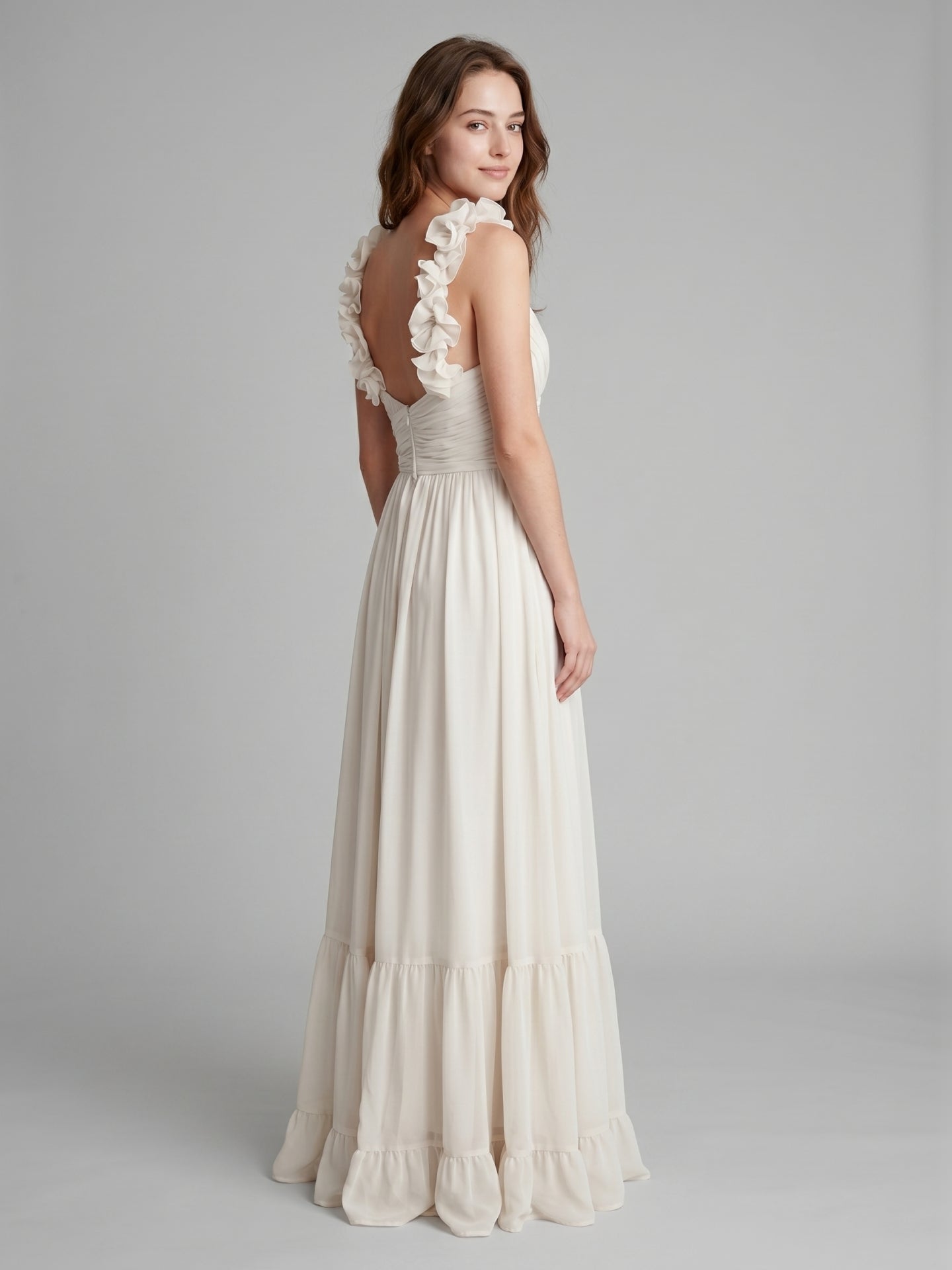 Ivory Chiffon A-Line V-Neck Back Zip Floor-Length Bridesmaid Dress with Pleated Finish