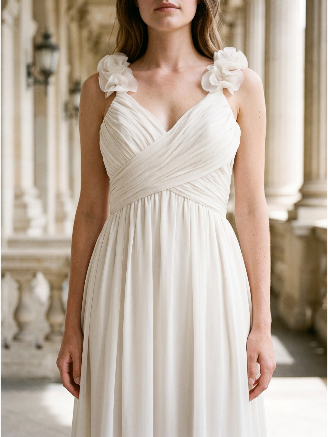 Ivory Chiffon A-Line V-Neck Back Zip Floor-Length Bridesmaid Dress with Pleated Finish