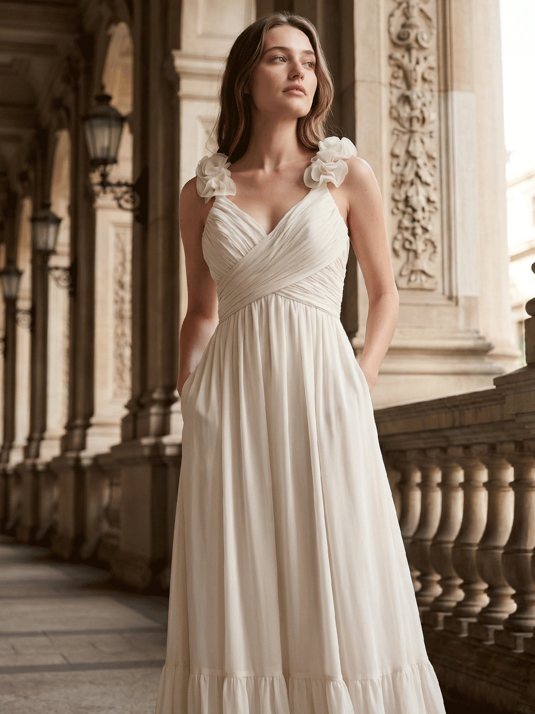 Ivory Chiffon A-Line V-Neck Back Zip Floor-Length Bridesmaid Dress with Pleated Finish