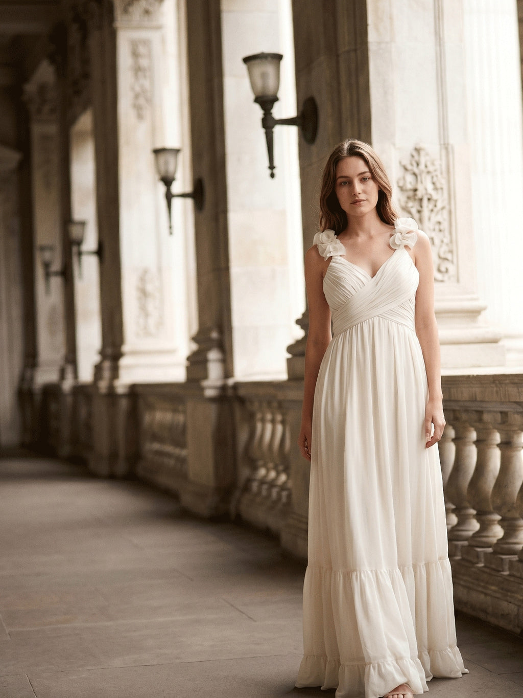 Ivory Chiffon A-Line V-Neck Back Zip Floor-Length Bridesmaid Dress with Pleated Finish