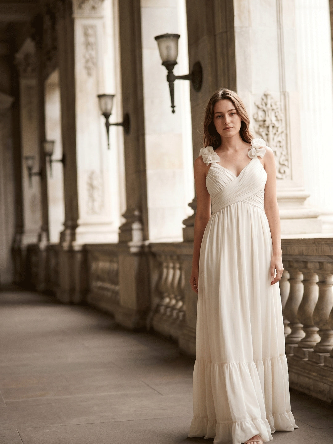 Ivory Chiffon A-Line V-Neck Back Zip Floor-Length Bridesmaid Dress with Pleated Finish