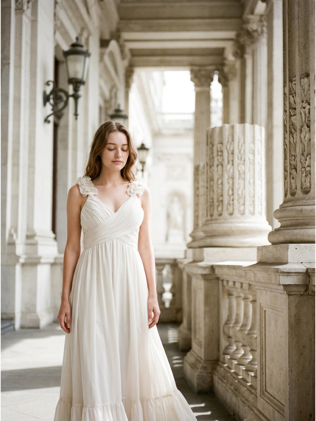 Ivory Chiffon A-Line V-Neck Back Zip Floor-Length Bridesmaid Dress with Pleated Finish