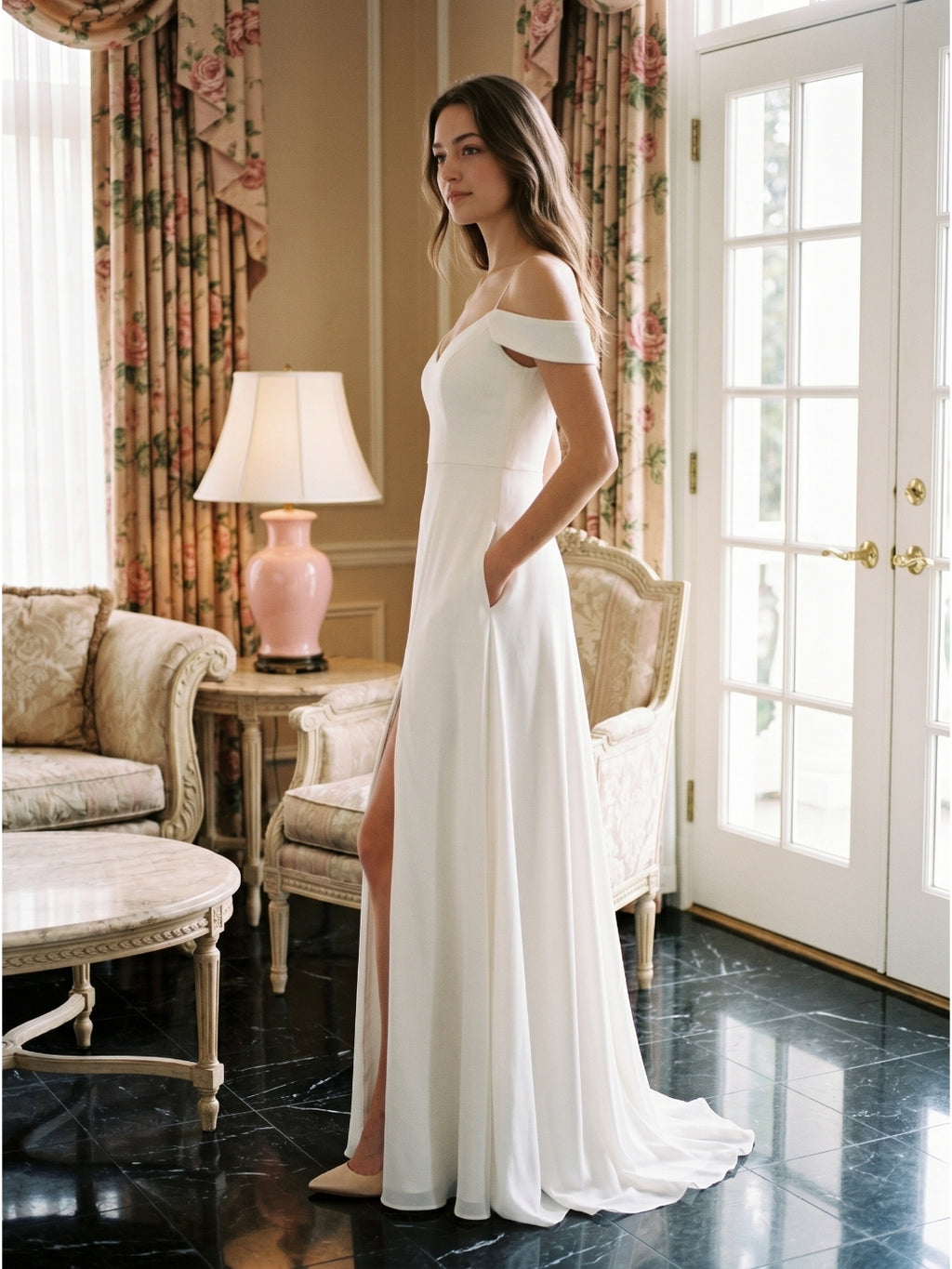 Ivory Chiffon A-Line V-Neck Floor-Length Bridesmaid Dress