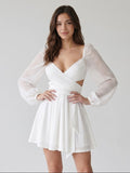 Ivory Chiffon A-Line V-Neck Short Dress with Pleating
