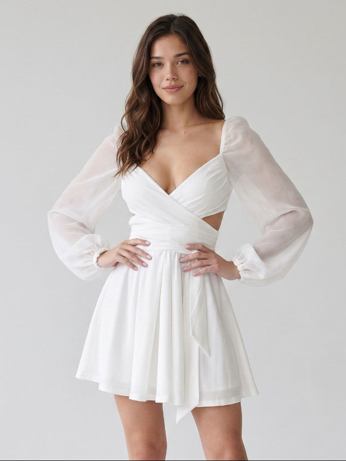 Ivory Chiffon A-Line V-Neck Short Dress with Pleating
