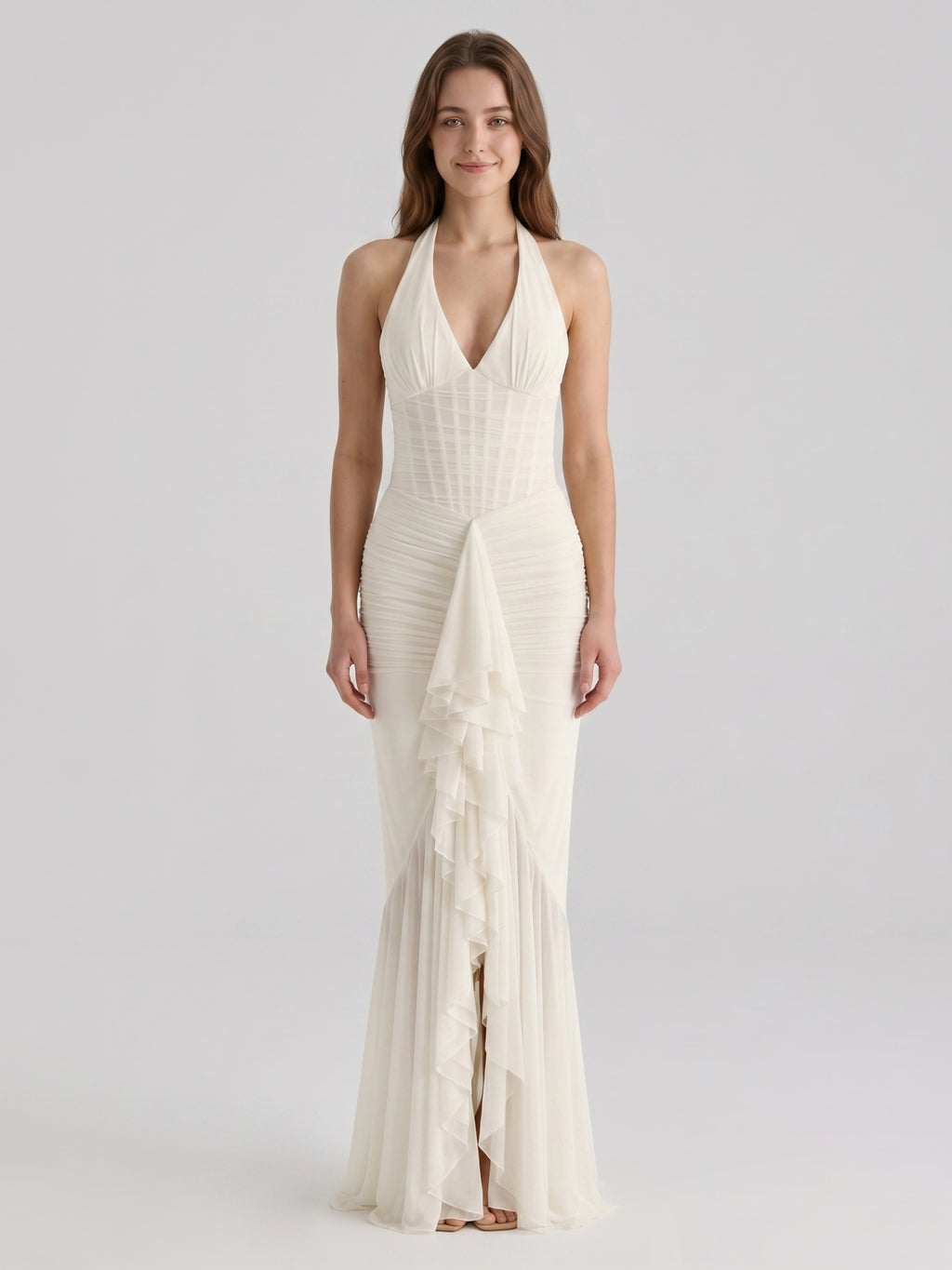 Ivory Chiffon Mermaid Halter neckline Back Zip Floor-Length Ruffle Bridesmaid Dress