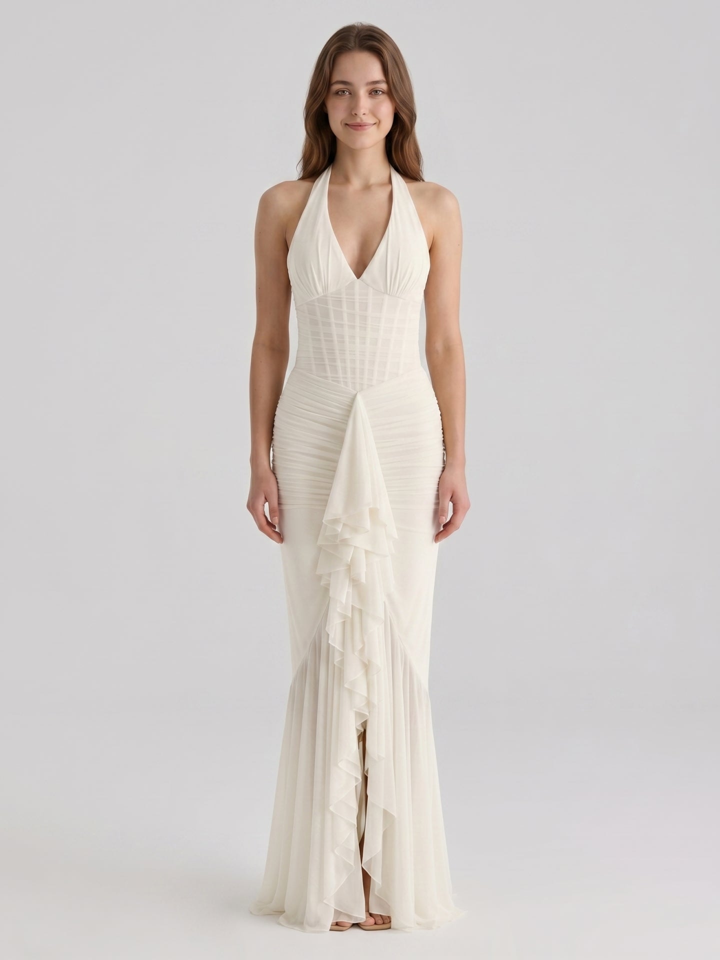 Ivory Chiffon Mermaid Halter neckline Back Zip Floor-Length Ruffle Bridesmaid Dress