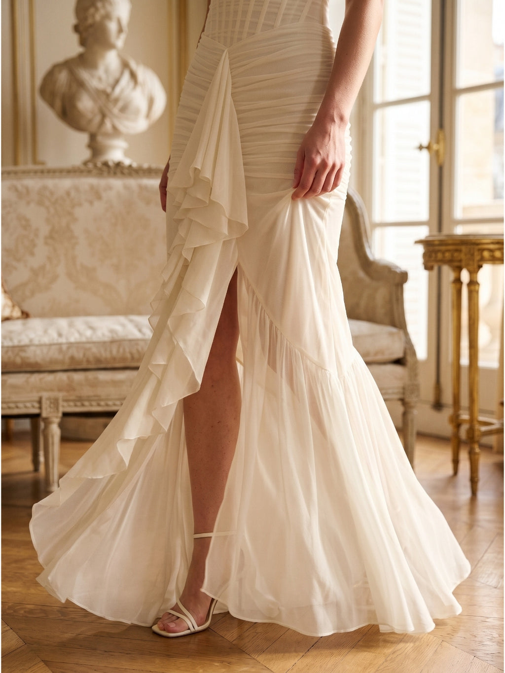 Ivory Chiffon Mermaid Halter neckline Back Zip Floor-Length Ruffle Bridesmaid Dress