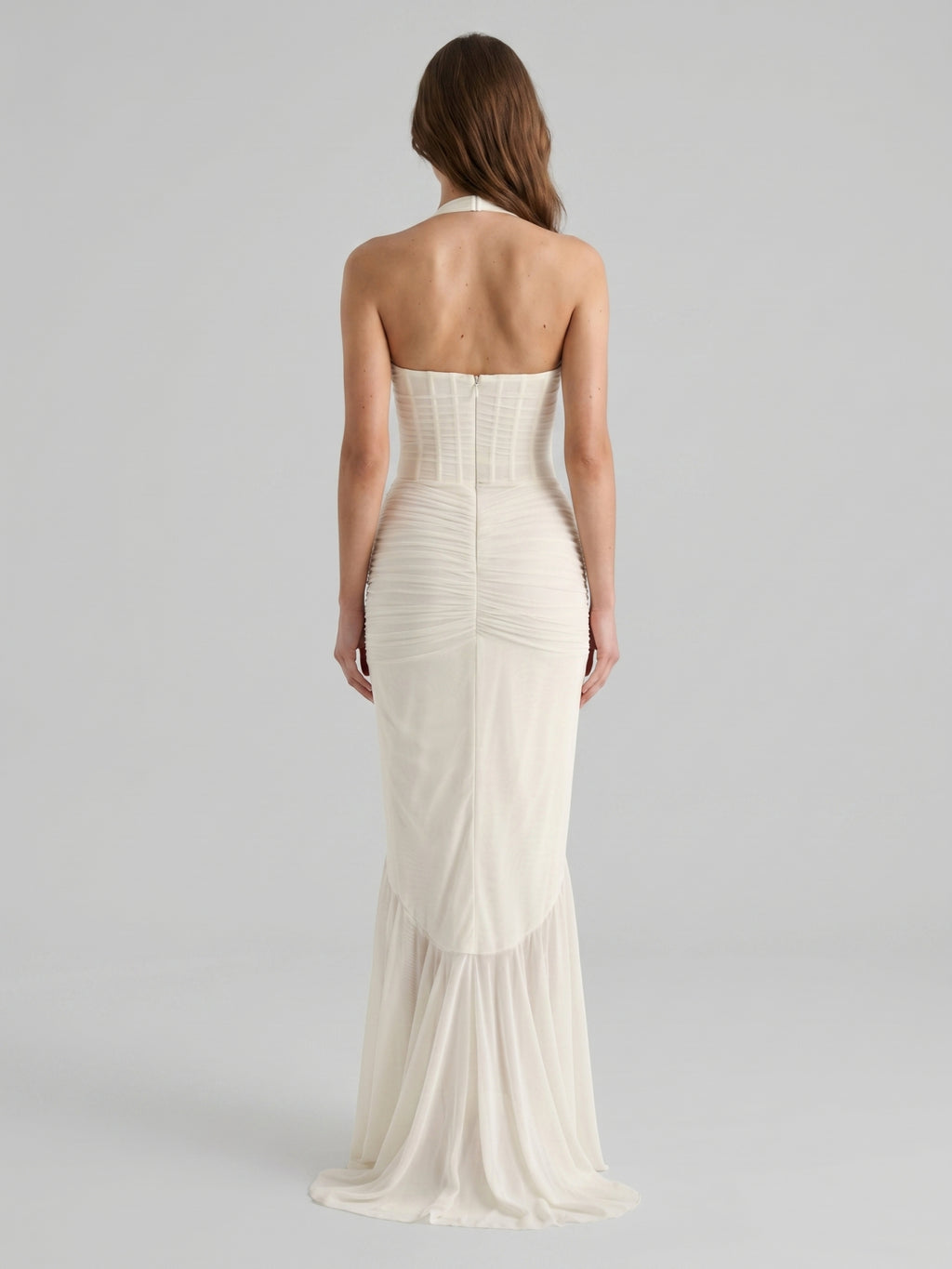 Ivory Chiffon Mermaid Halter neckline Back Zip Floor-Length Ruffle Bridesmaid Dress
