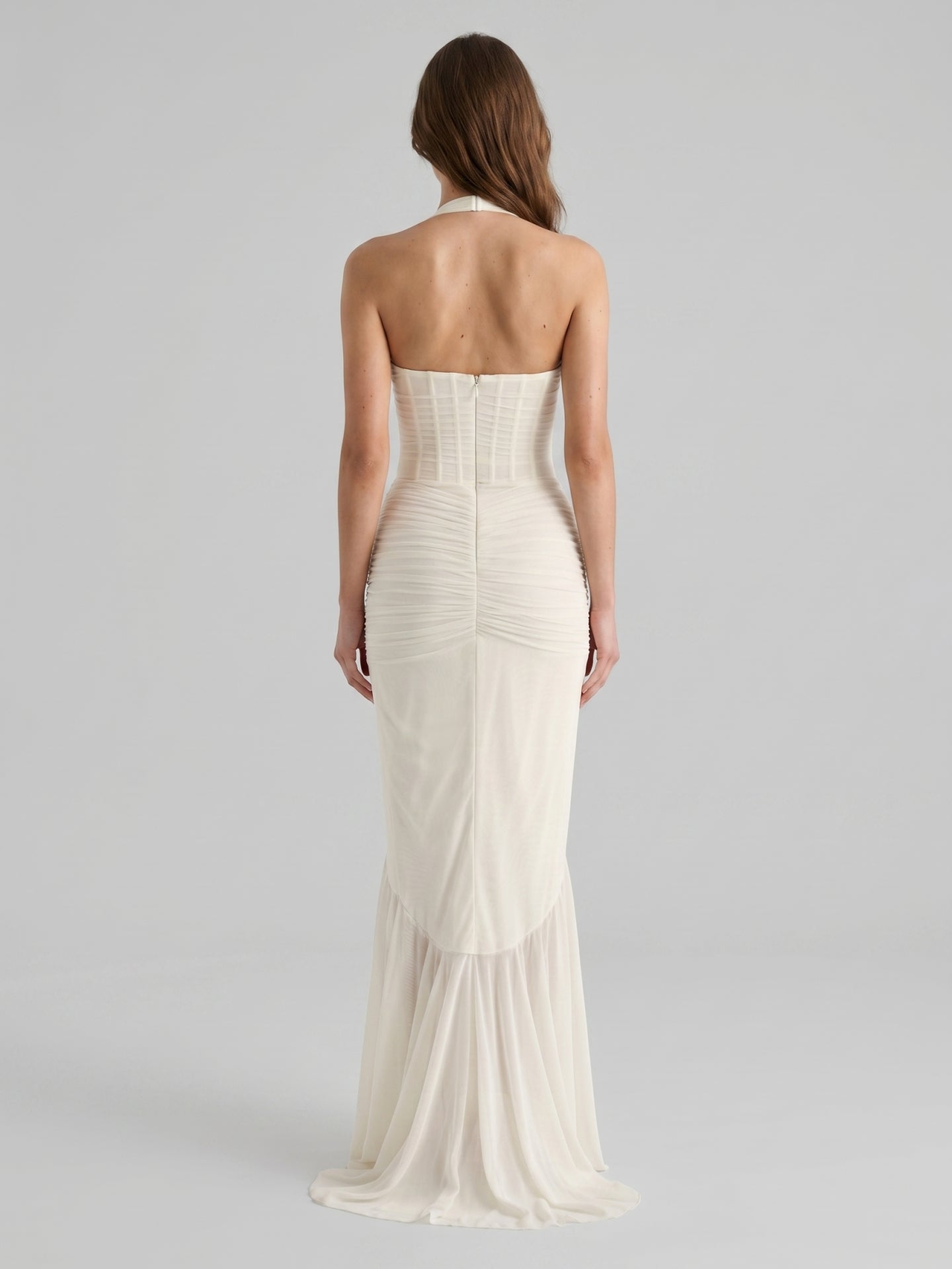 Ivory Chiffon Mermaid Halter neckline Back Zip Floor-Length Ruffle Bridesmaid Dress