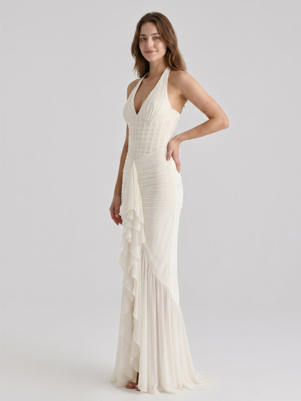 Ivory Chiffon Mermaid Halter neckline Back Zip Floor-Length Ruffle Bridesmaid Dress