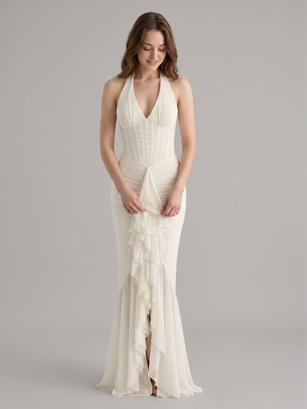 Ivory Chiffon Mermaid Halter neckline Back Zip Floor-Length Ruffle Bridesmaid Dress