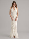 Ivory Chiffon Mermaid Halter neckline Back Zip Floor-Length Ruffle Bridesmaid Dress