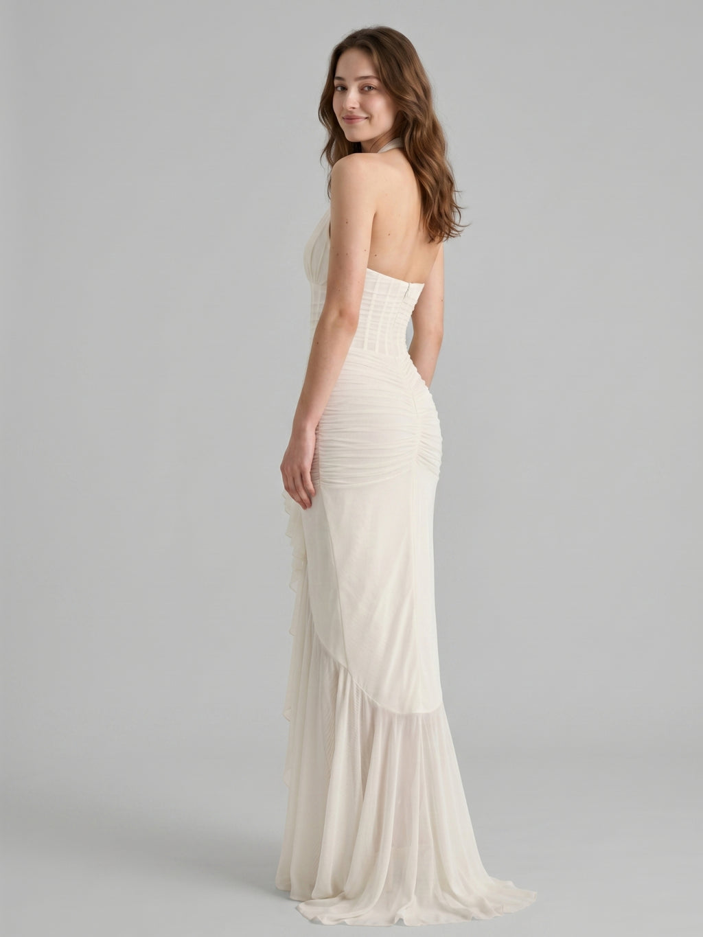 Ivory Chiffon Mermaid Halter neckline Back Zip Floor-Length Ruffle Bridesmaid Dress