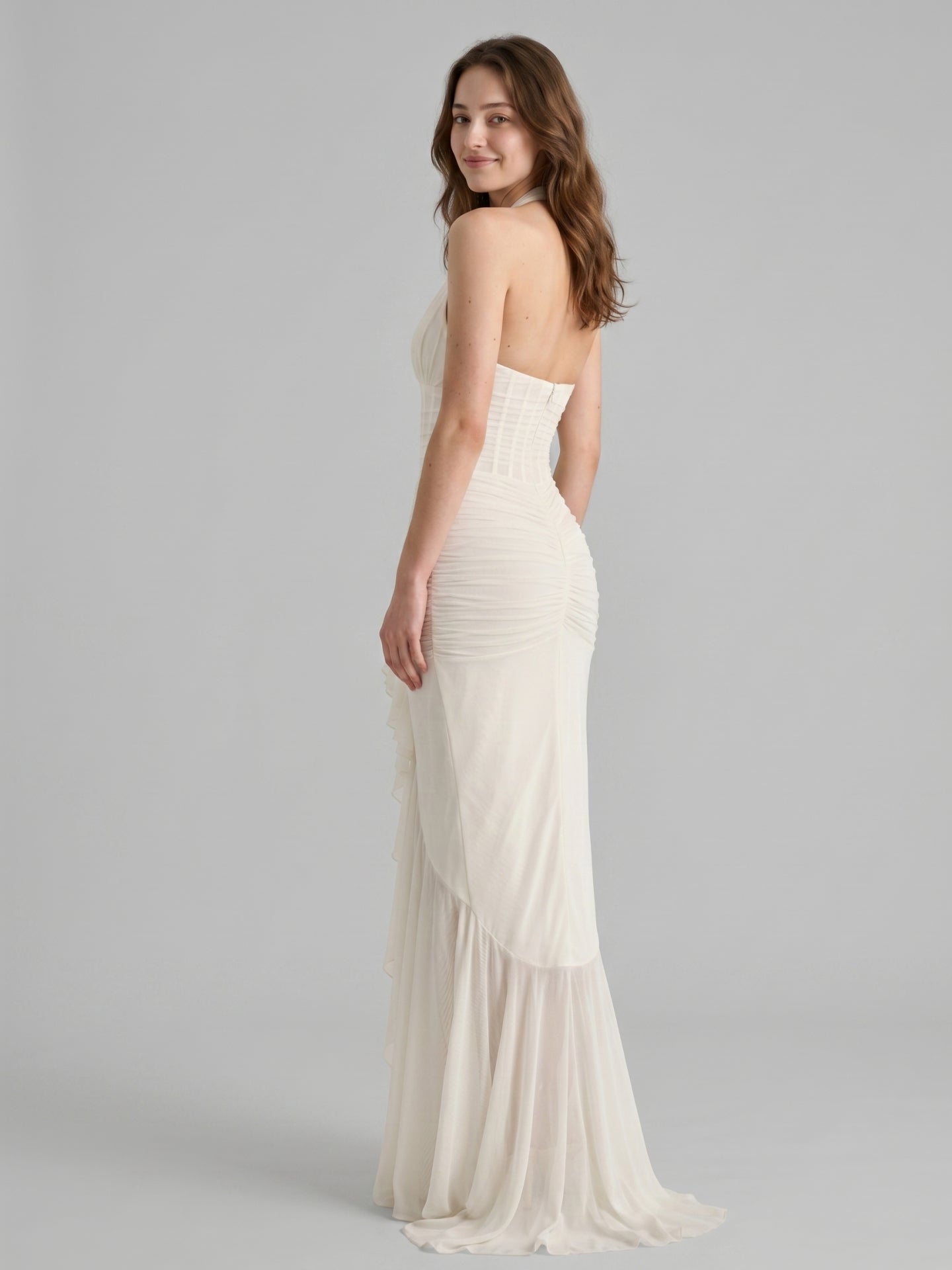 Ivory Chiffon Mermaid Halter neckline Back Zip Floor-Length Ruffle Bridesmaid Dress