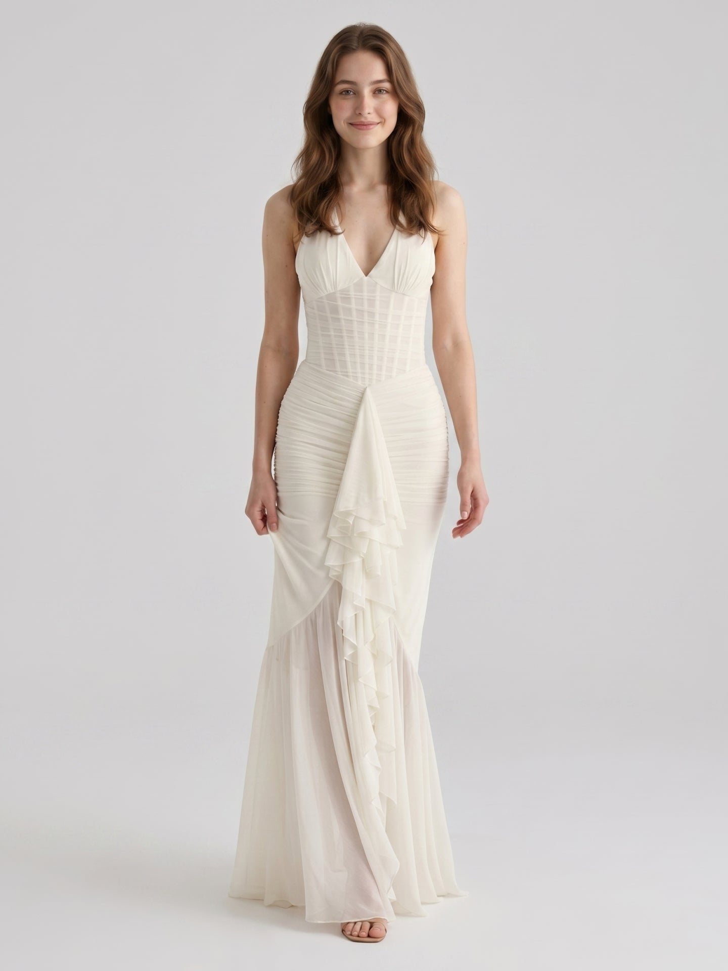 Ivory Chiffon Mermaid Halter neckline Back Zip Floor-Length Ruffle Bridesmaid Dress
