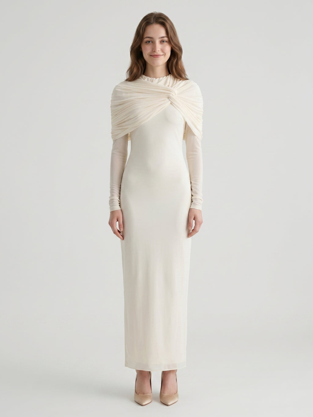 Ivory Chiffon Sheath Cowl Neck Back Zip Floor-Length Bridesmaid Dress
