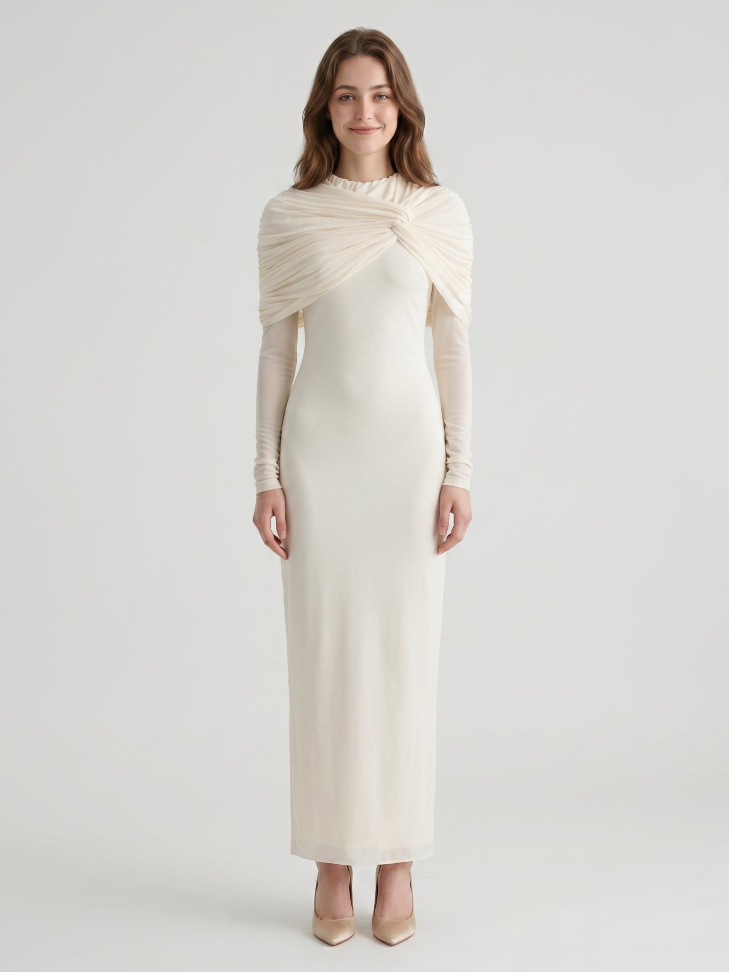 Ivory Chiffon Sheath Cowl Neck Back Zip Floor-Length Bridesmaid Dress