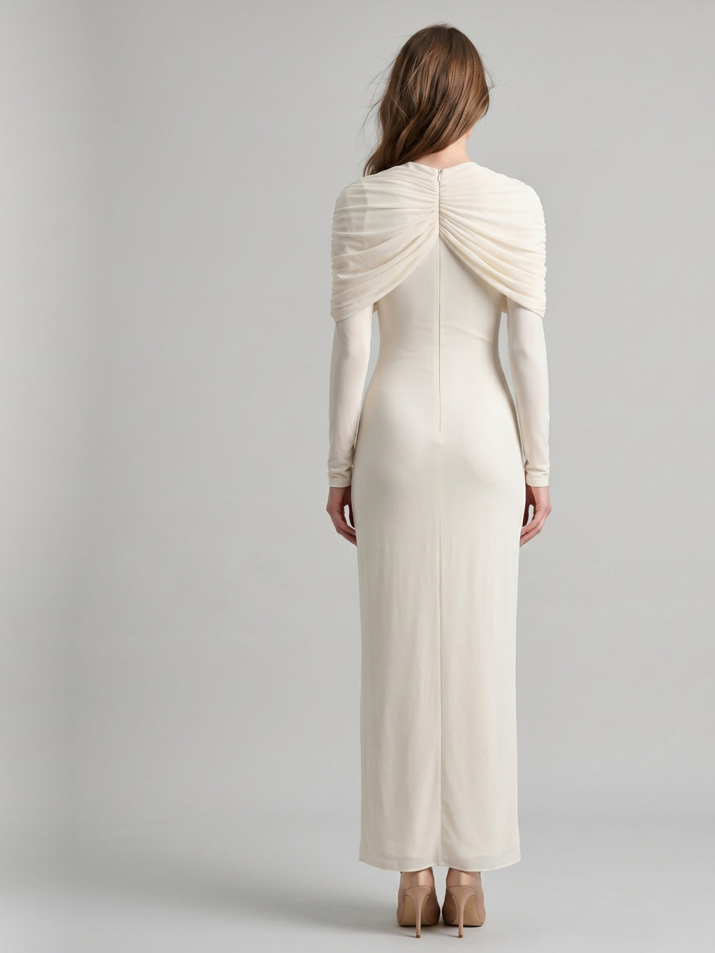 Ivory Chiffon Sheath Cowl Neck Back Zip Floor-Length Bridesmaid Dress