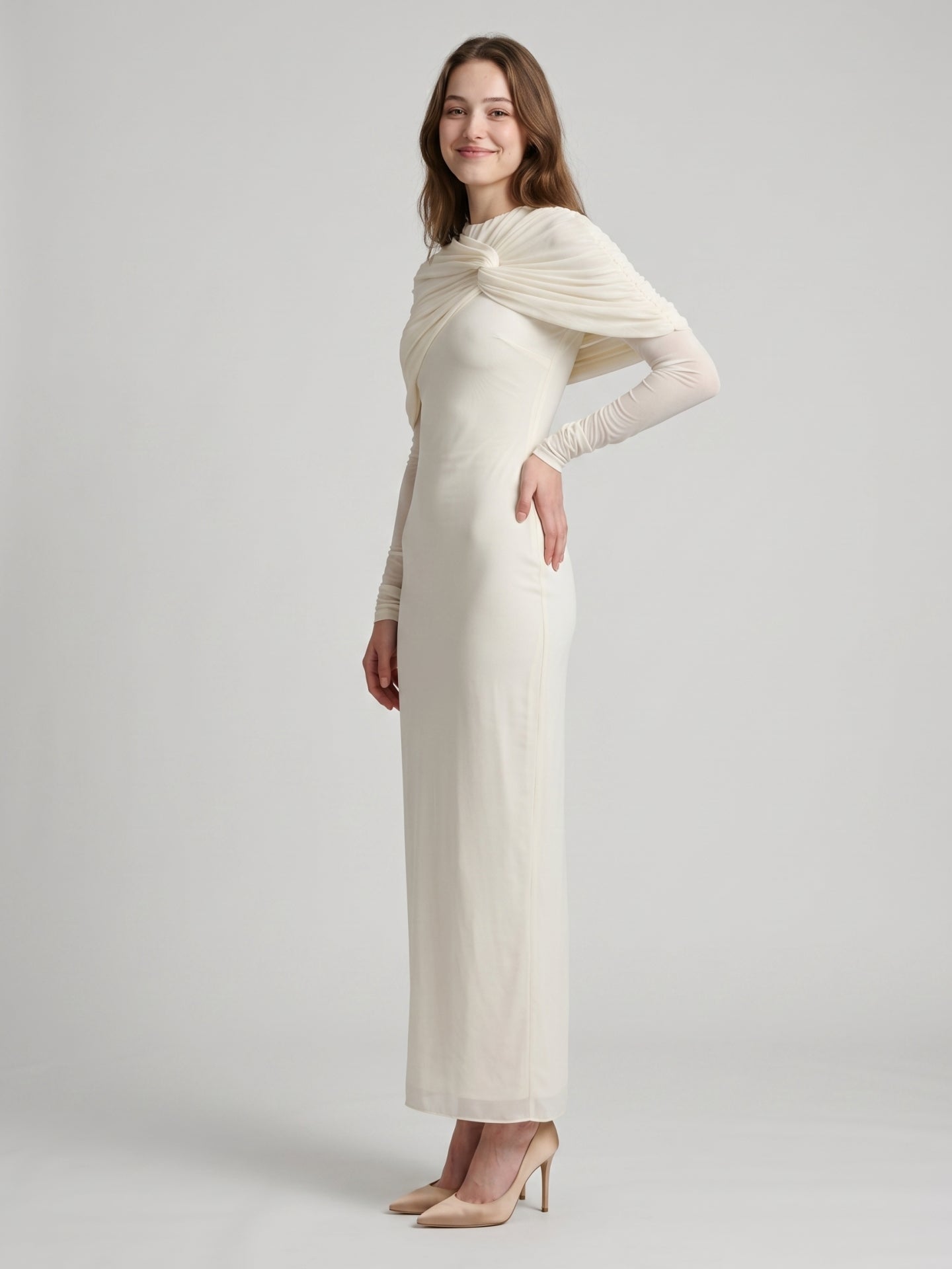 Ivory Chiffon Sheath Cowl Neck Back Zip Floor-Length Bridesmaid Dress