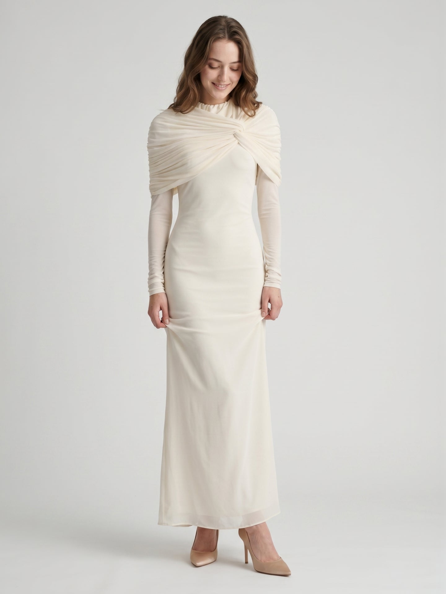 Ivory Chiffon Sheath Cowl Neck Back Zip Floor-Length Bridesmaid Dress