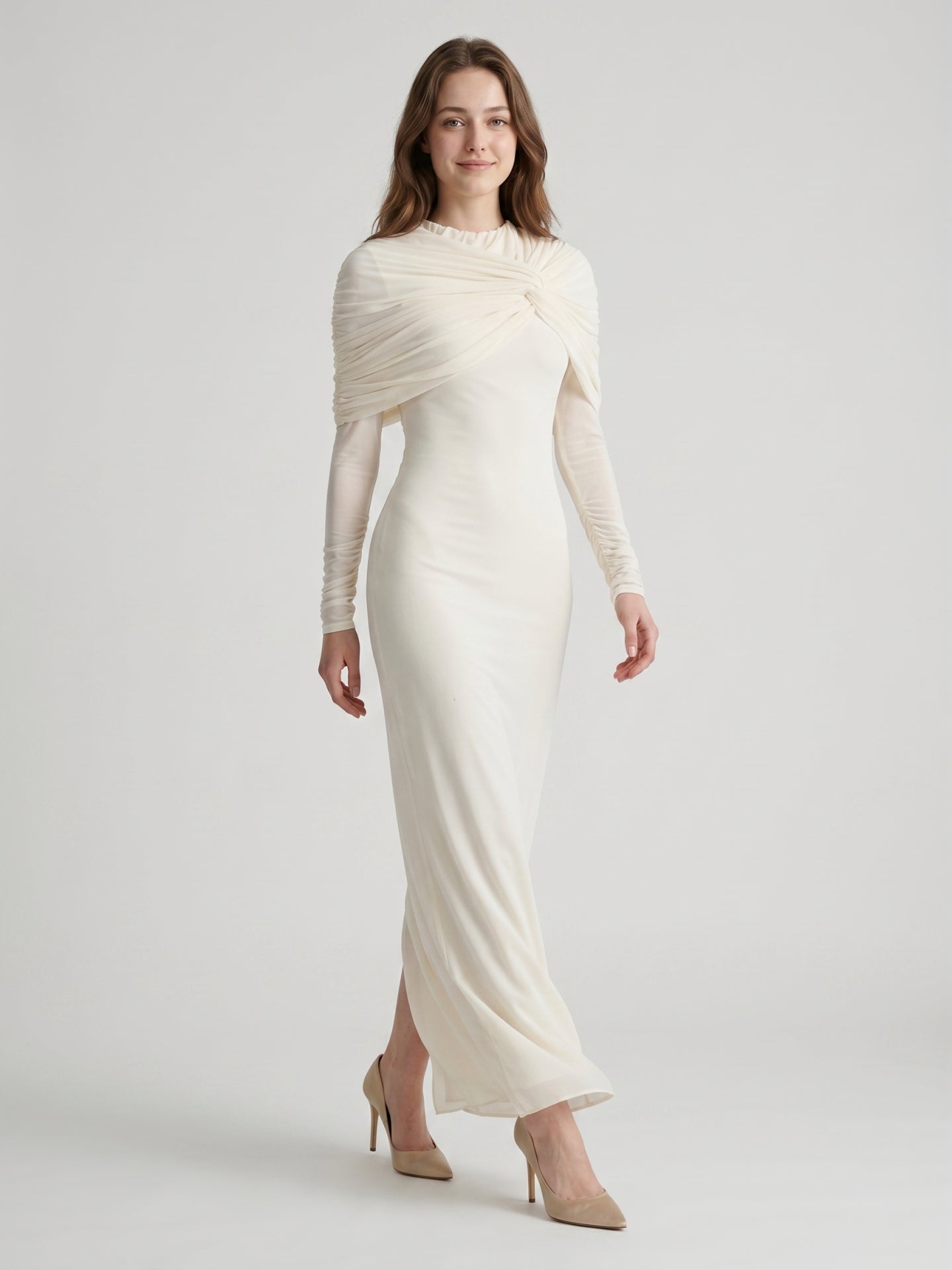Ivory Chiffon Sheath Cowl Neck Back Zip Floor-Length Bridesmaid Dress