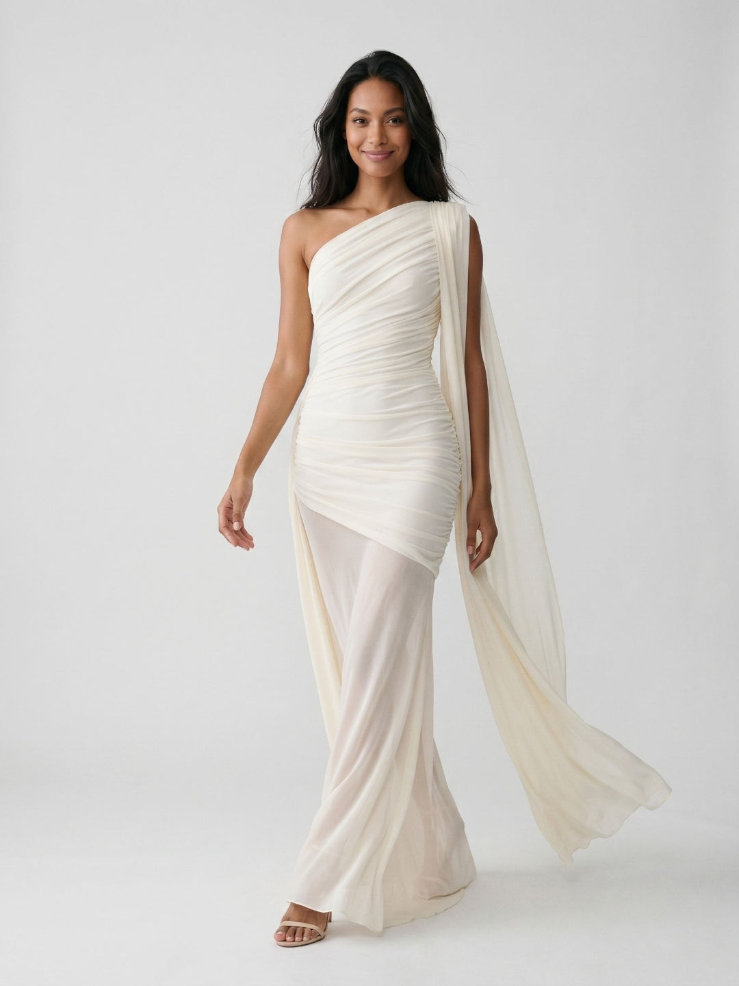 Ivory Chiffon Sheath One Shoulder Side Zip Floor-Length Evening Dress with Pleating