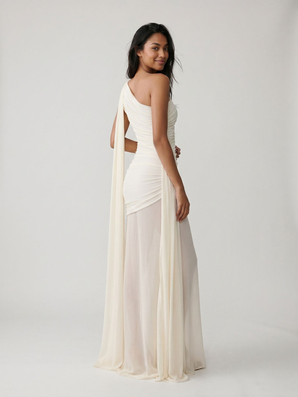 Ivory Chiffon Sheath One Shoulder Side Zip Floor-Length Evening Dress with Pleating
