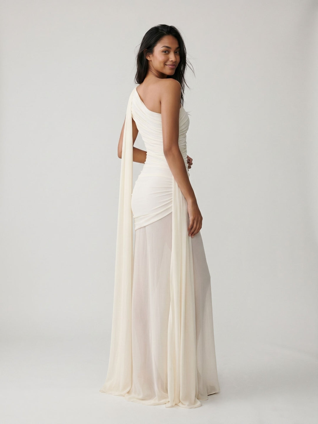 Ivory Chiffon Sheath One Shoulder Side Zip Floor-Length Evening Dress with Pleating
