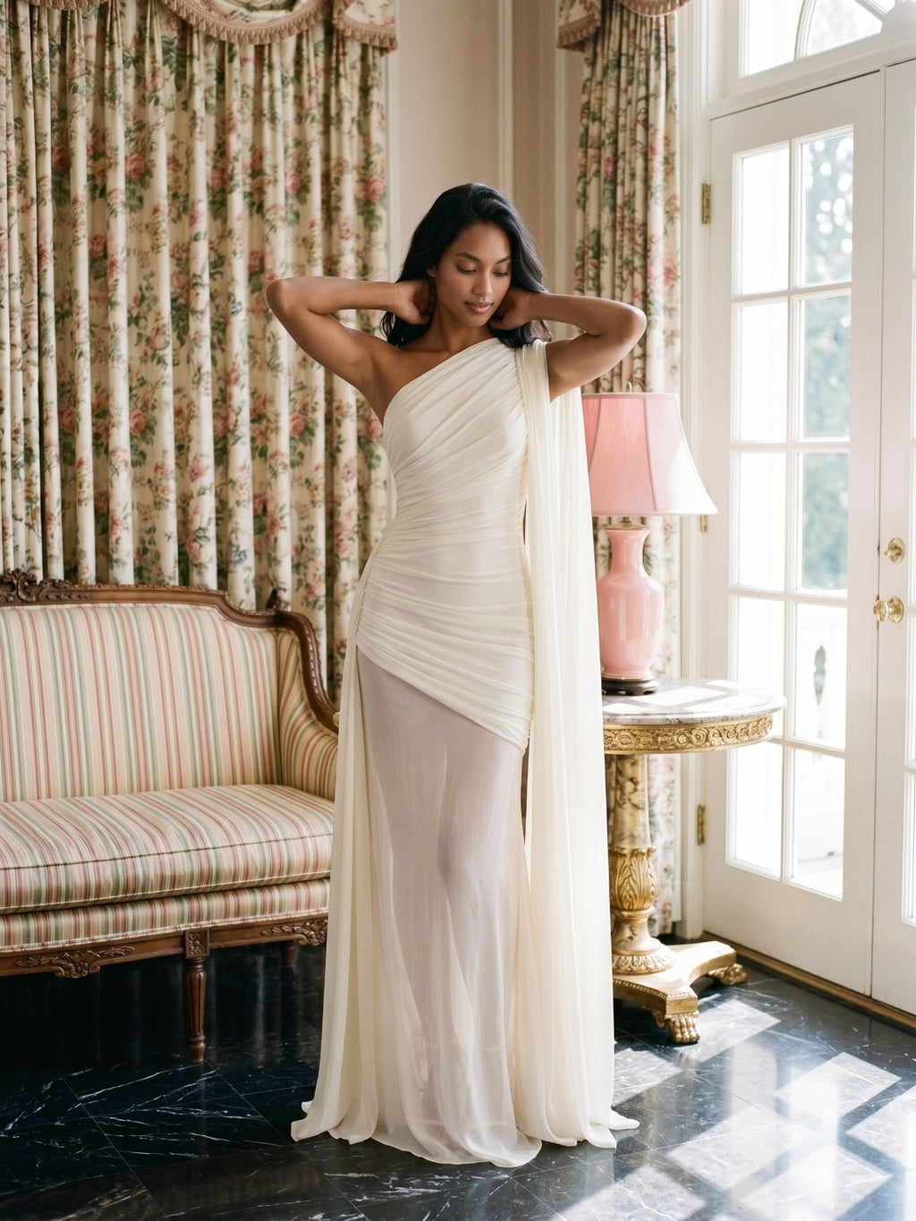 Ivory Chiffon Sheath One Shoulder Side Zip Floor-Length Evening Dress with Pleating