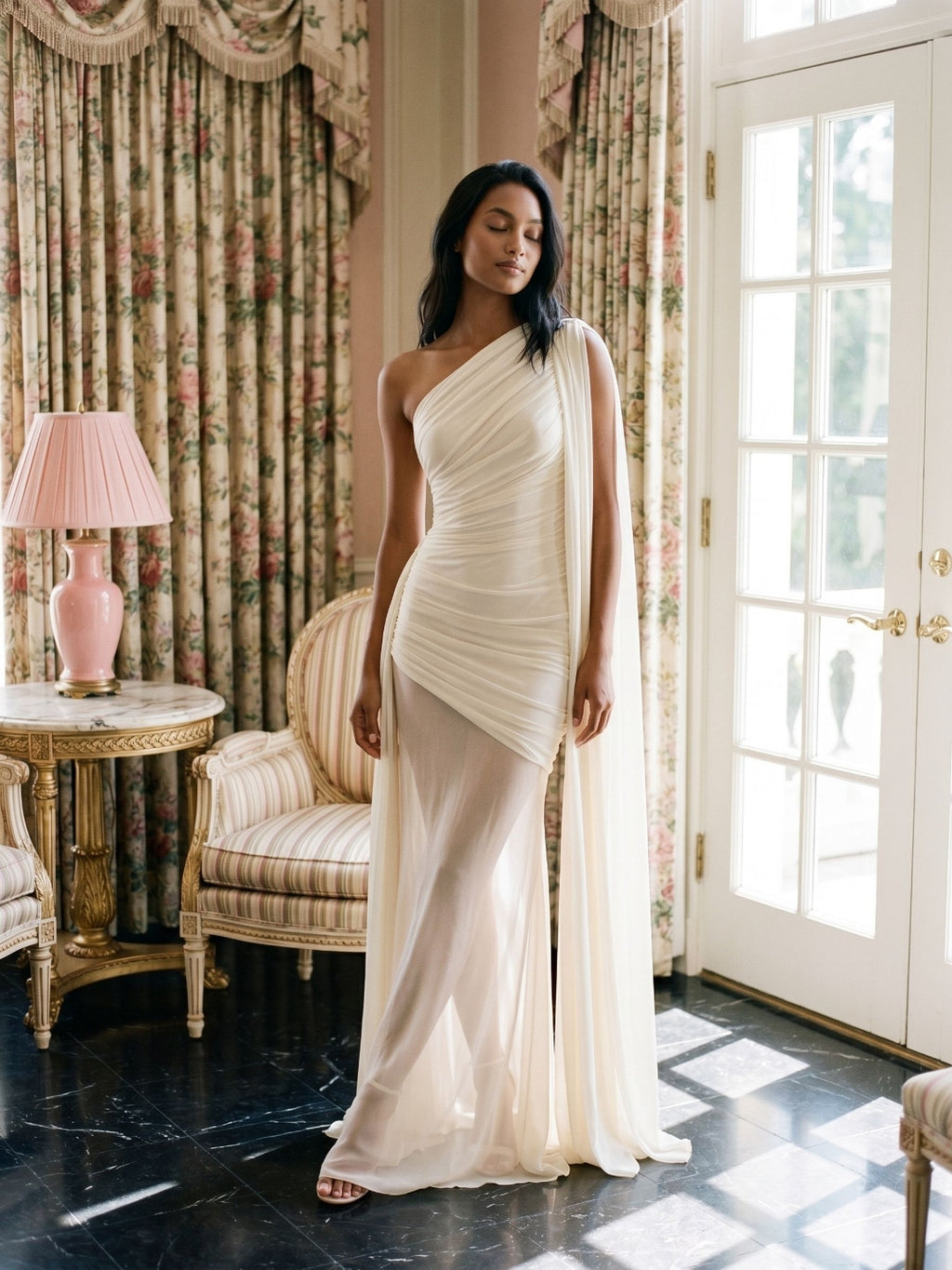 Ivory Chiffon Sheath One Shoulder Side Zip Floor-Length Evening Dress with Pleating