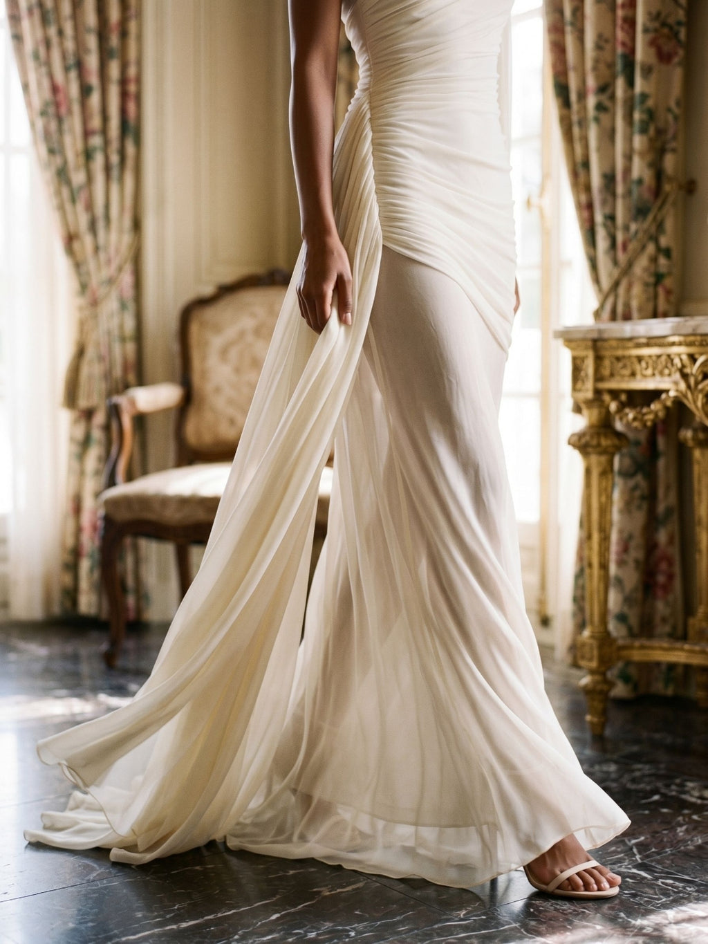 Ivory Chiffon Sheath One Shoulder Side Zip Floor-Length Evening Dress with Pleating