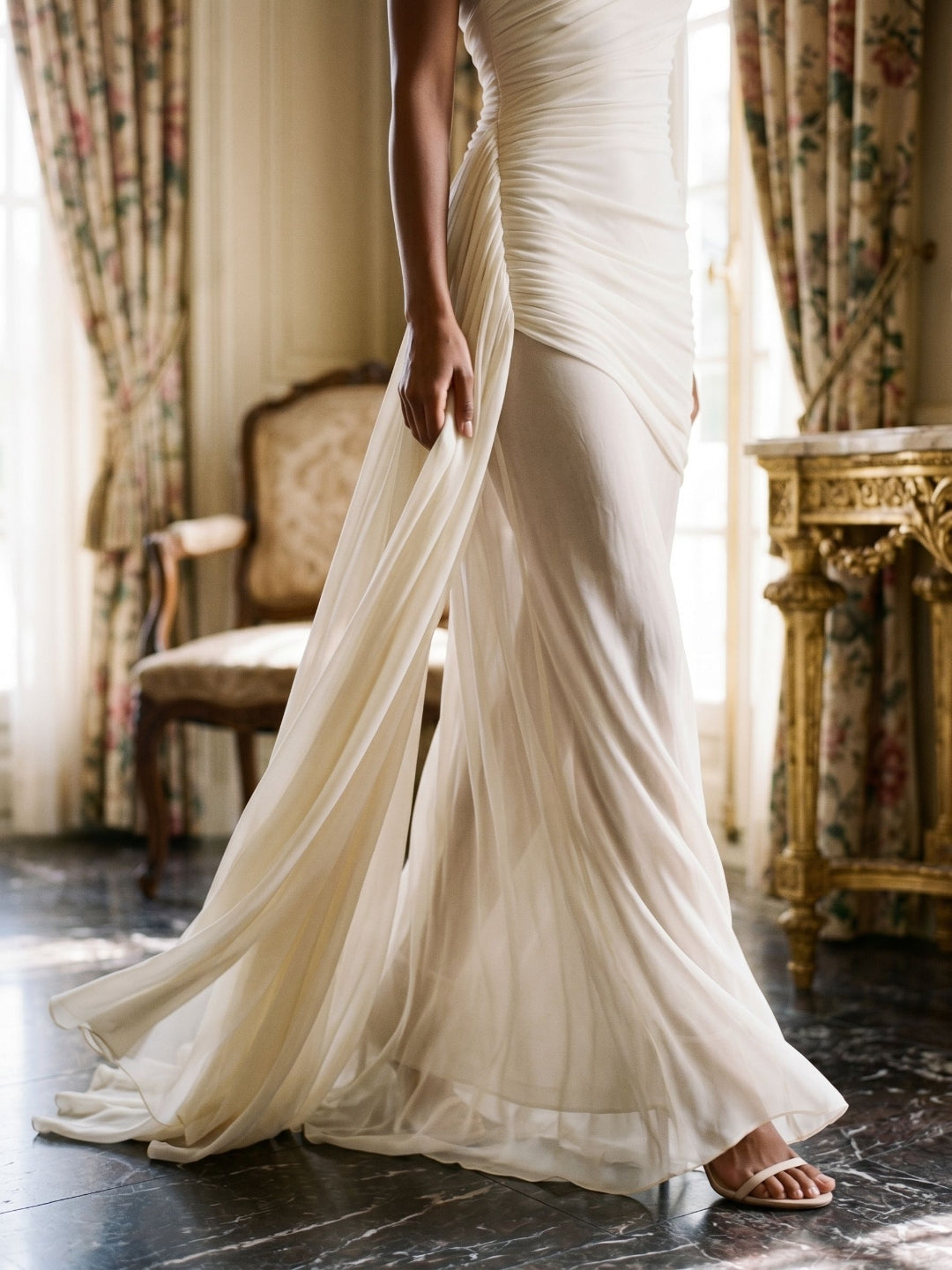 Ivory Chiffon Sheath One Shoulder Side Zip Floor-Length Evening Dress with Pleating