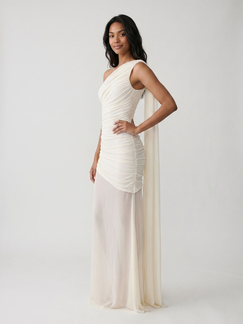 Ivory Chiffon Sheath One Shoulder Side Zip Floor-Length Evening Dress with Pleating