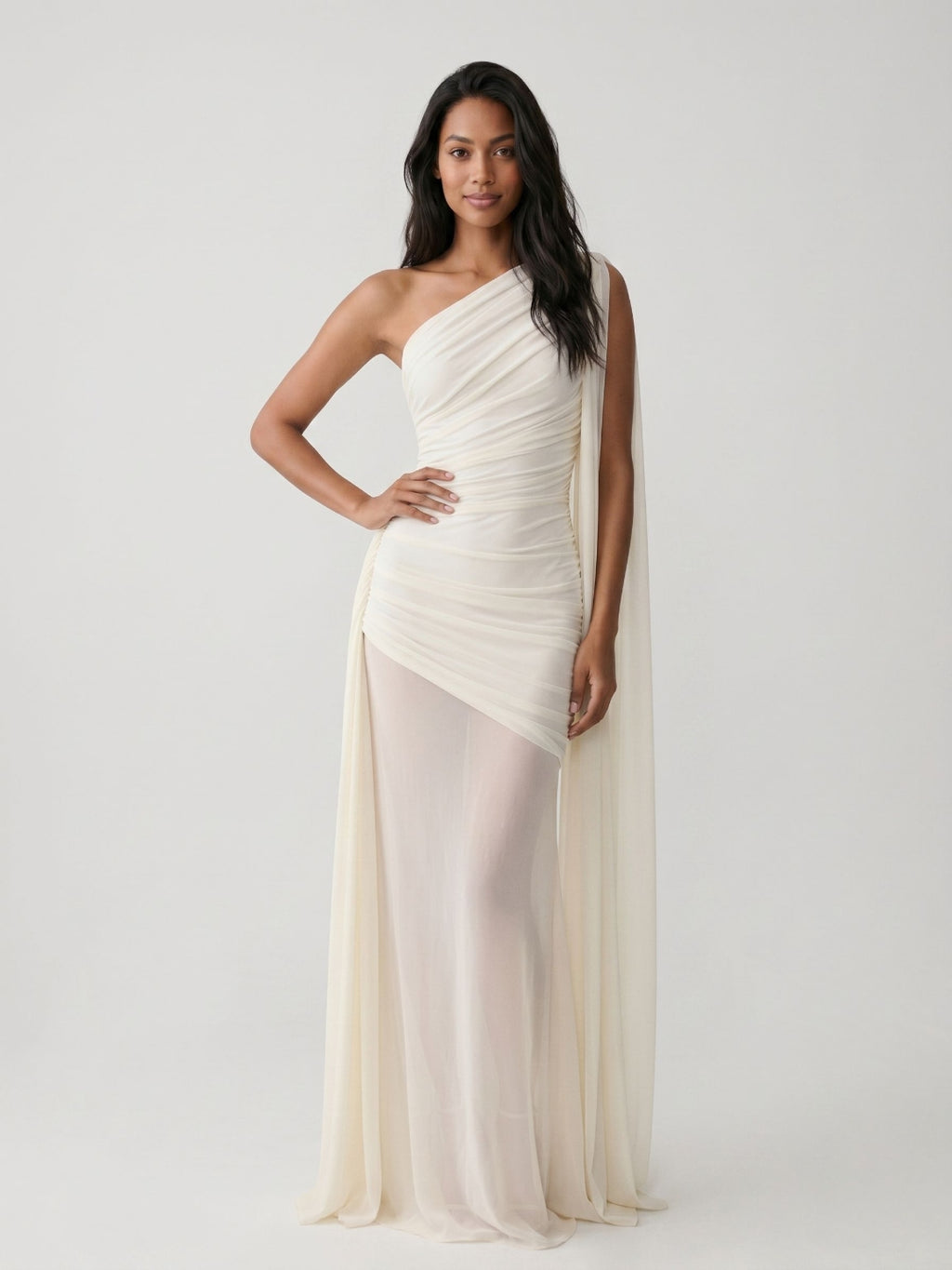 Ivory Chiffon Sheath One Shoulder Side Zip Floor-Length Evening Dress with Pleating