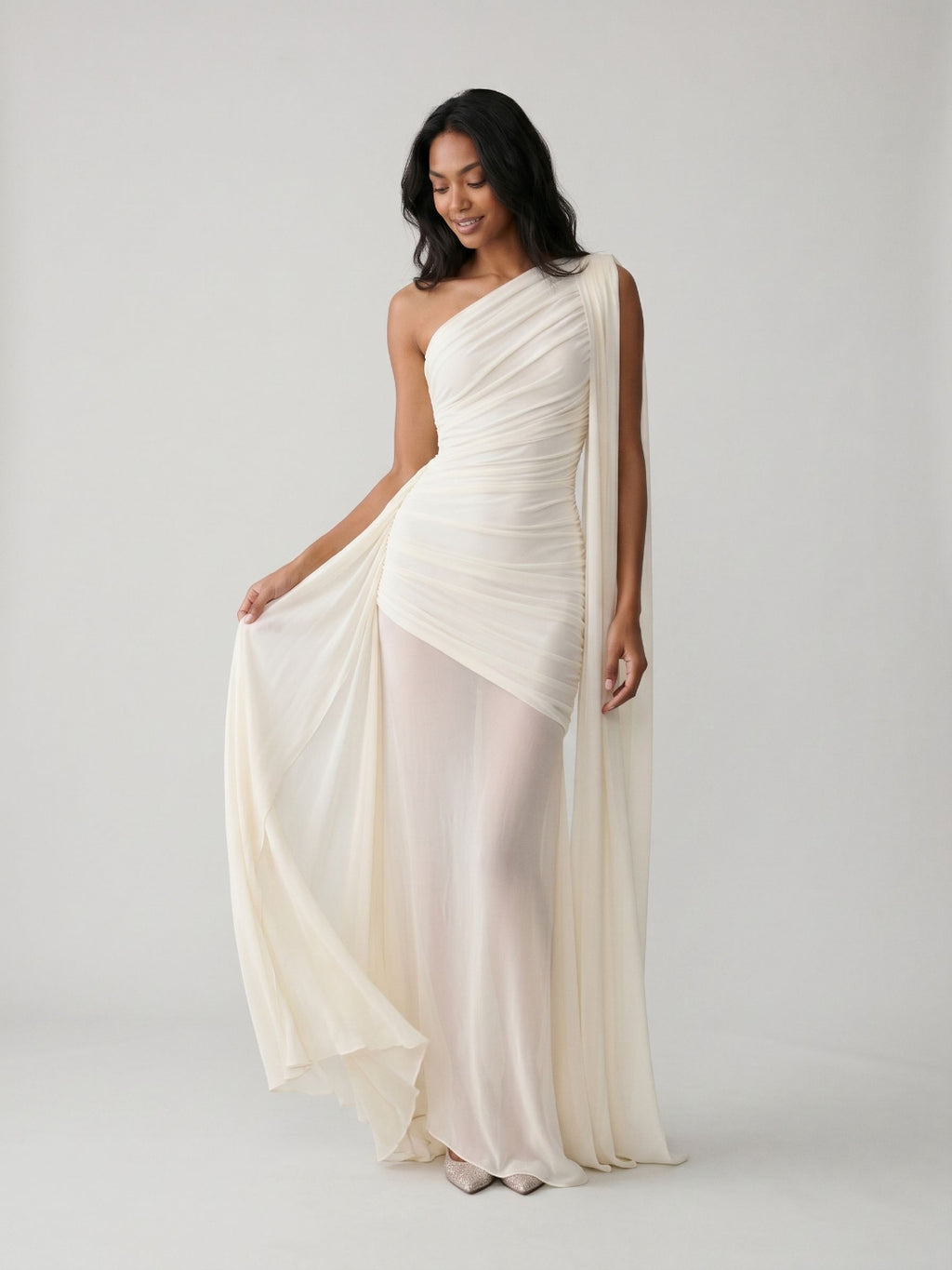 Ivory Chiffon Sheath One Shoulder Side Zip Floor-Length Evening Dress with Pleating