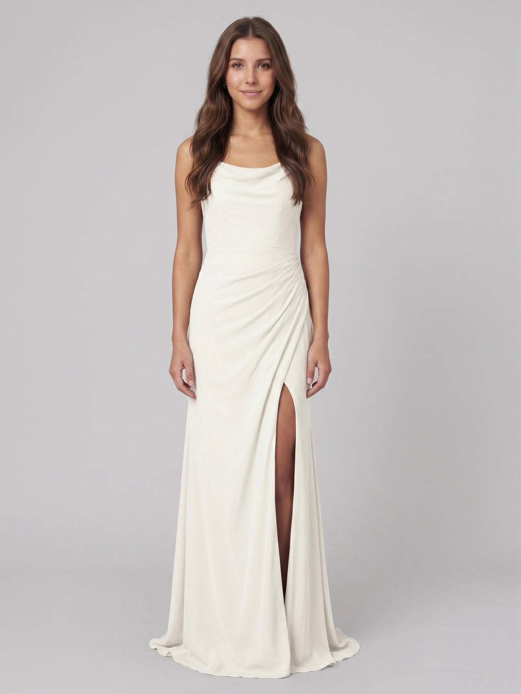 Ivory Chiffon Sheath Square Neck Keyhole Back Floor-Length Pleated Bridesmaid Dress
