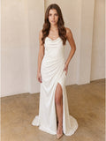 Ivory Chiffon Sheath Square Neck Keyhole Back Floor-Length Pleated Bridesmaid Dress
