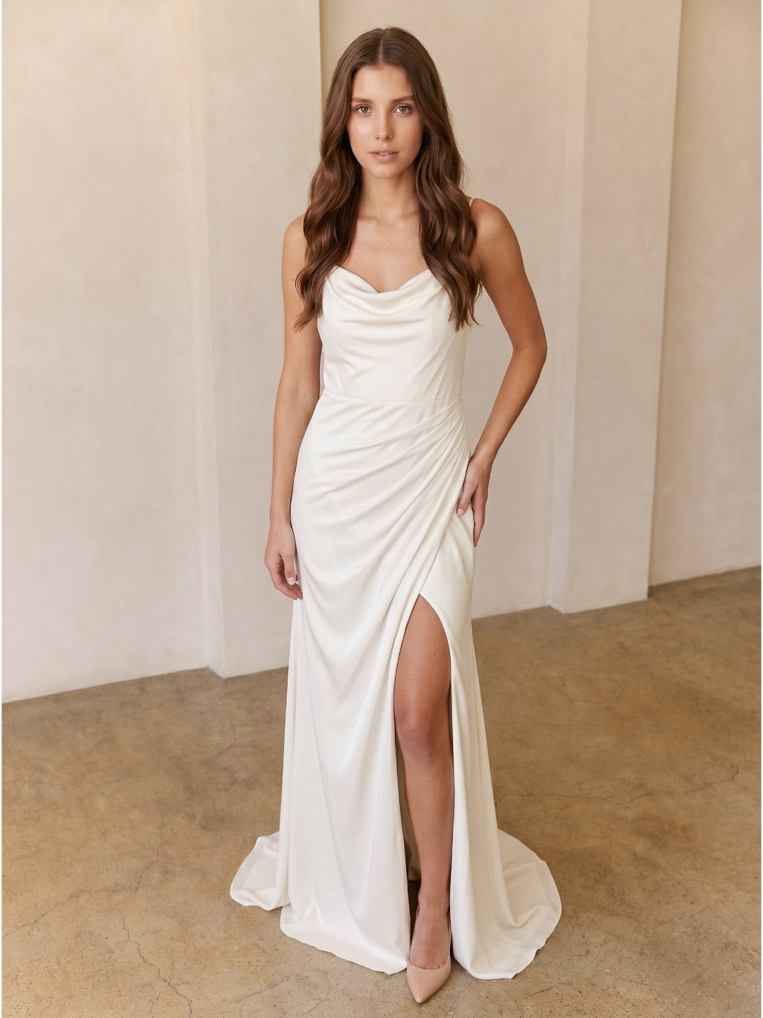 Ivory Chiffon Sheath Square Neck Keyhole Back Floor-Length Pleated Bridesmaid Dress