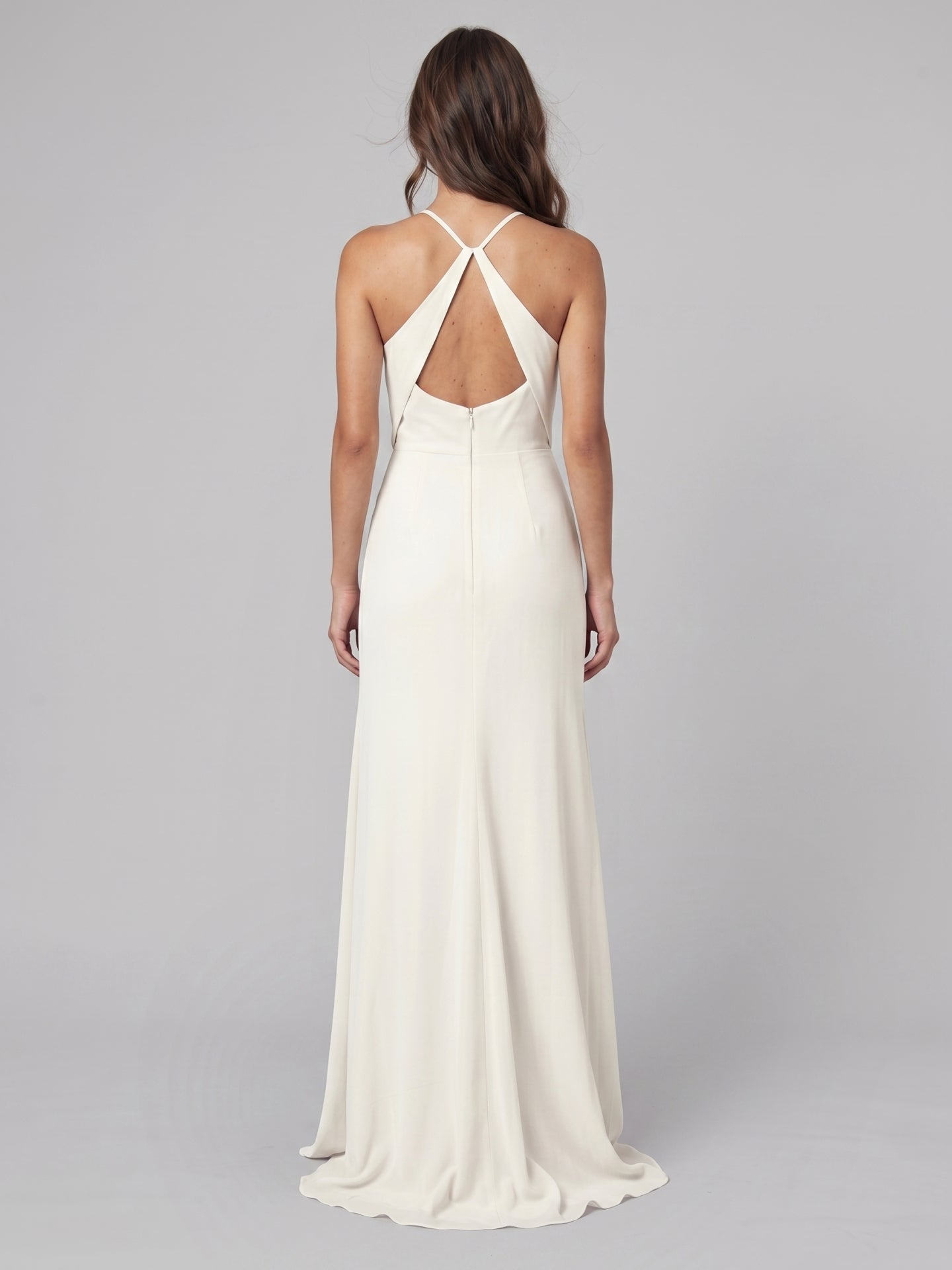 Ivory Chiffon Sheath Square Neck Keyhole Back Floor-Length Pleated Bridesmaid Dress