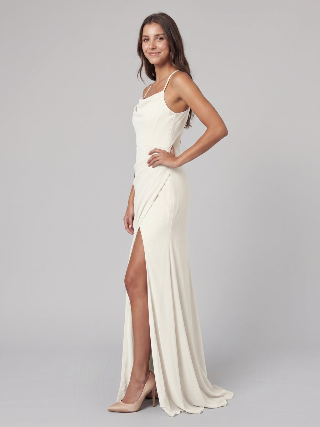 Ivory Chiffon Sheath Square Neck Keyhole Back Floor-Length Pleated Bridesmaid Dress