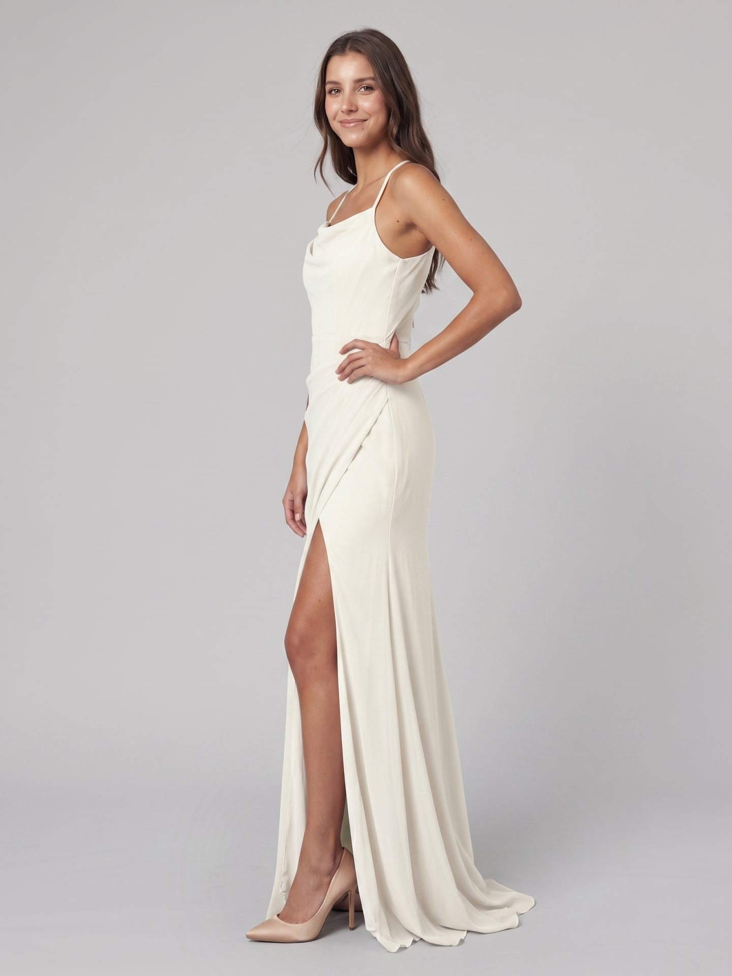 Ivory Chiffon Sheath Square Neck Keyhole Back Floor-Length Pleated Bridesmaid Dress